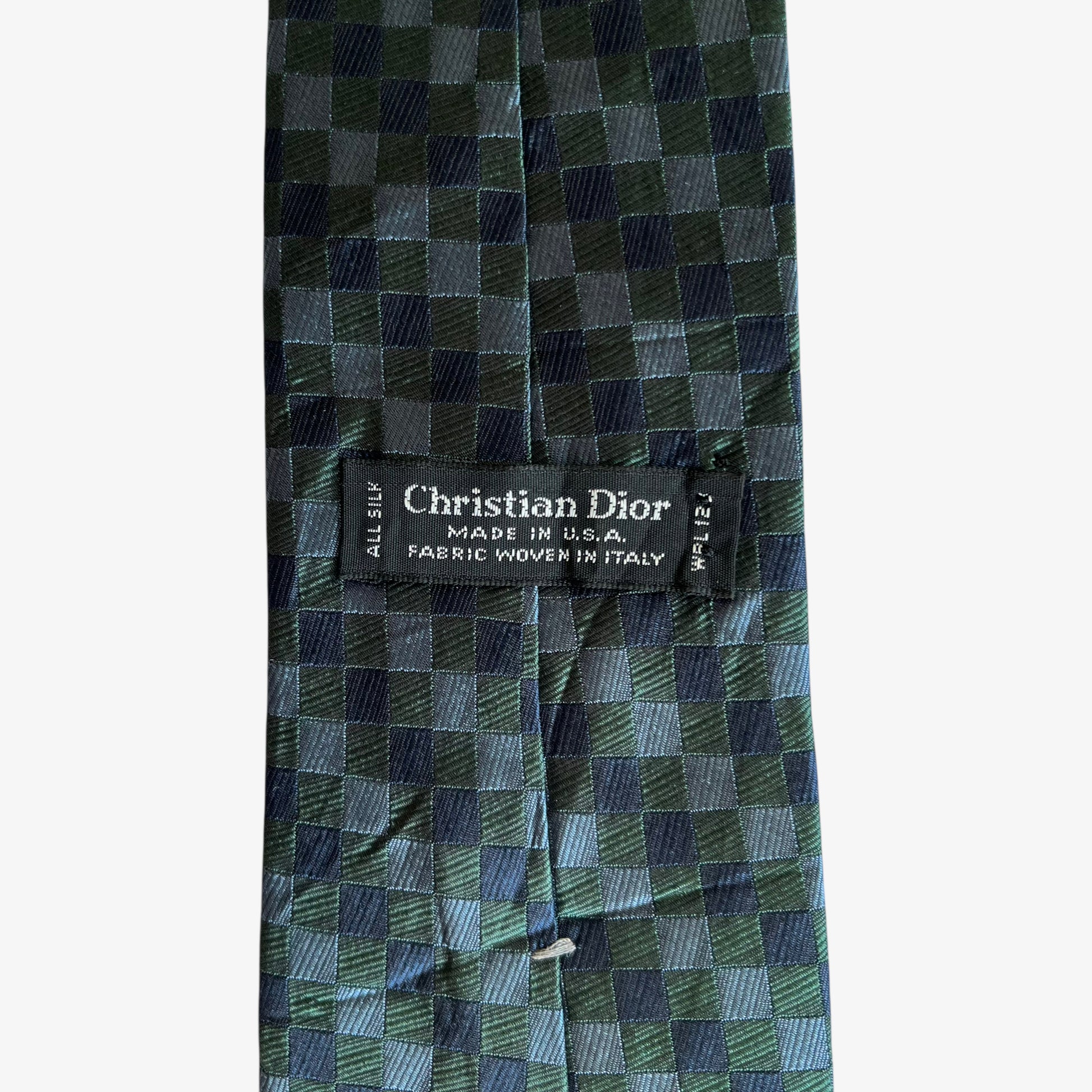 Vintage 90s Christian Dior Monsieur Green And Blue Checkered Print Woven Silk Tie Label - Casspios Dream