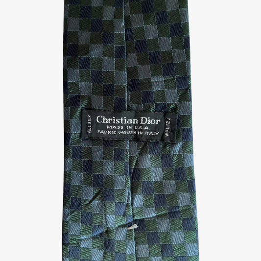Vintage 90s Christian Dior Monsieur Green And Blue Checkered Print Woven Silk Tie Label - Casspios Dream
