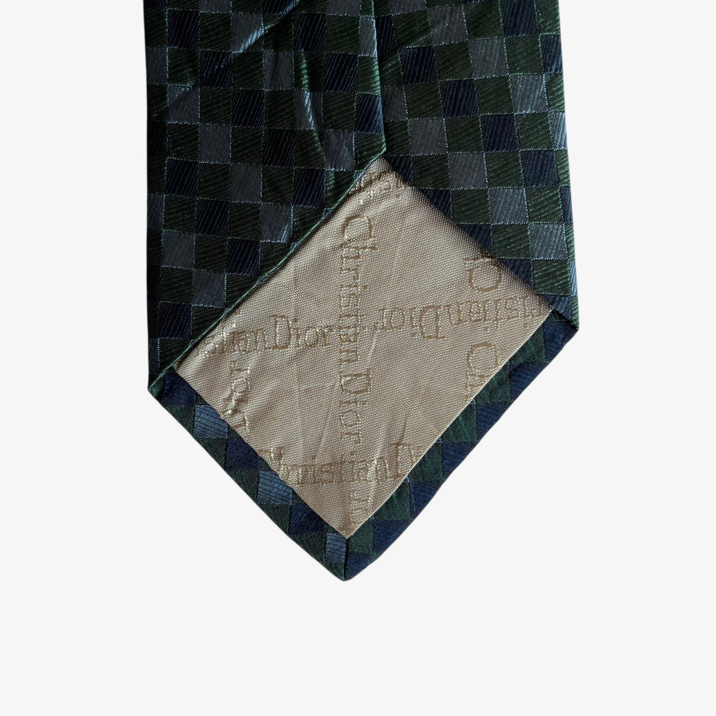 Vintage 90s Christian Dior Monsieur Green And Blue Checkered Print Woven Silk Tie Logo - Casspios Dream