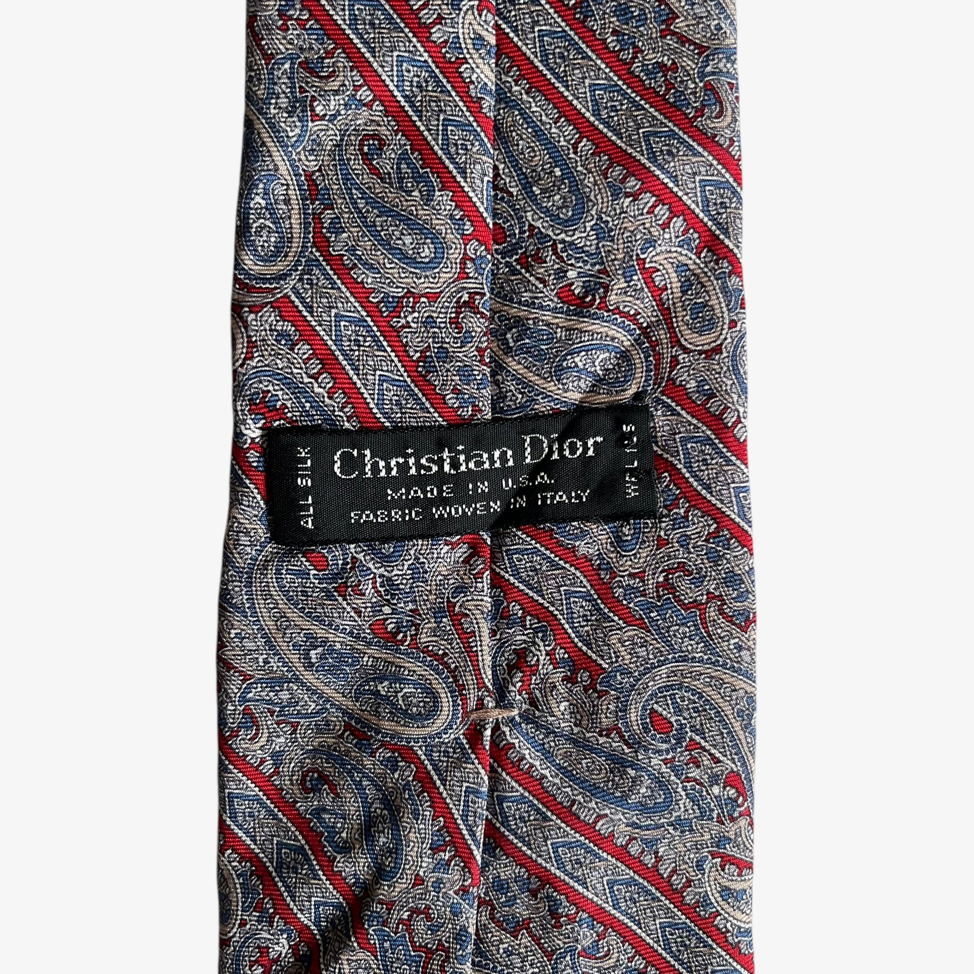 Vintage 90s Christian Dior Paisley And Red Striped Print Silk Tie Label - Casspios Dream