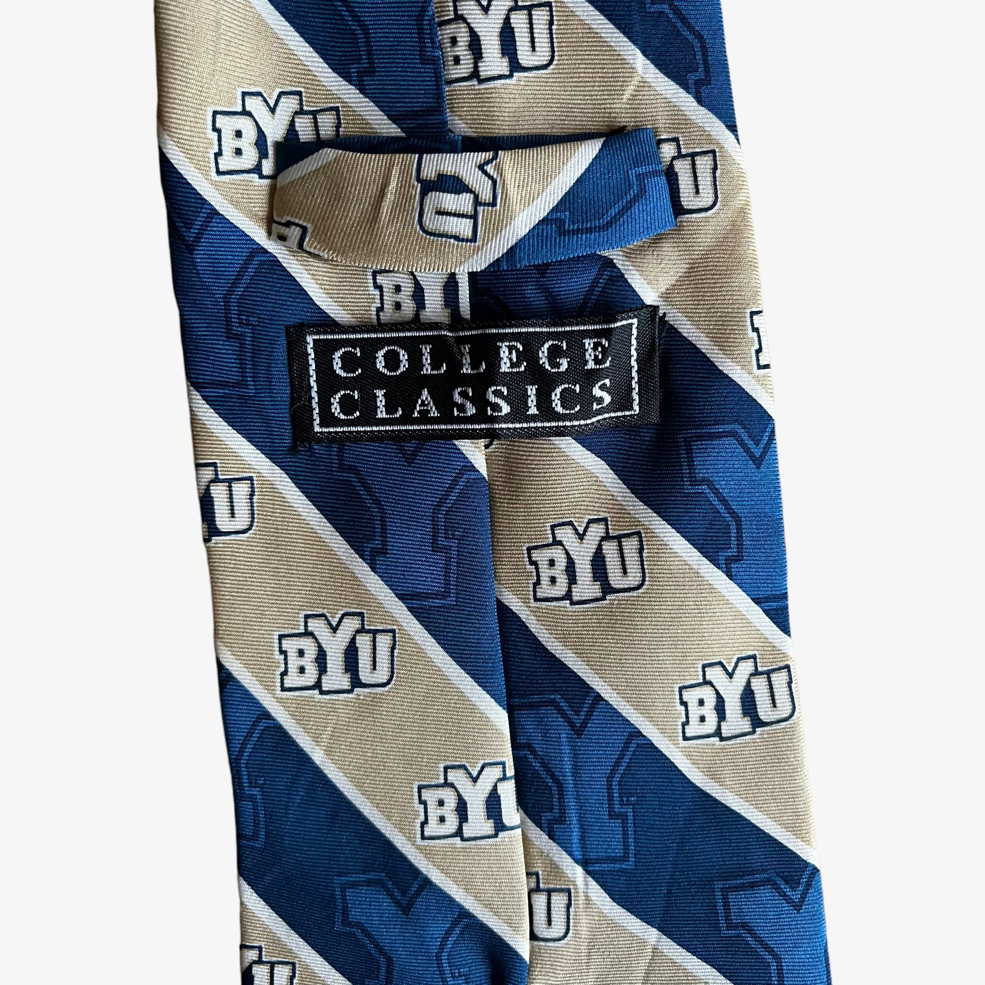 Vintage 90s College Classics BYU Spell Out Striped Silk Tie Label - Casspios Dream