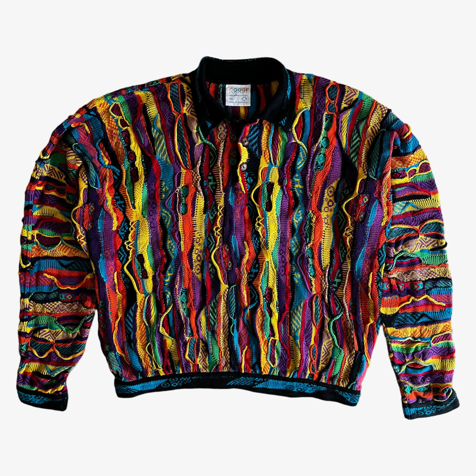 Vintage 90s Coogi Australia 3D Textured Colourful Knitted Collared Jumper - Casspios Dream