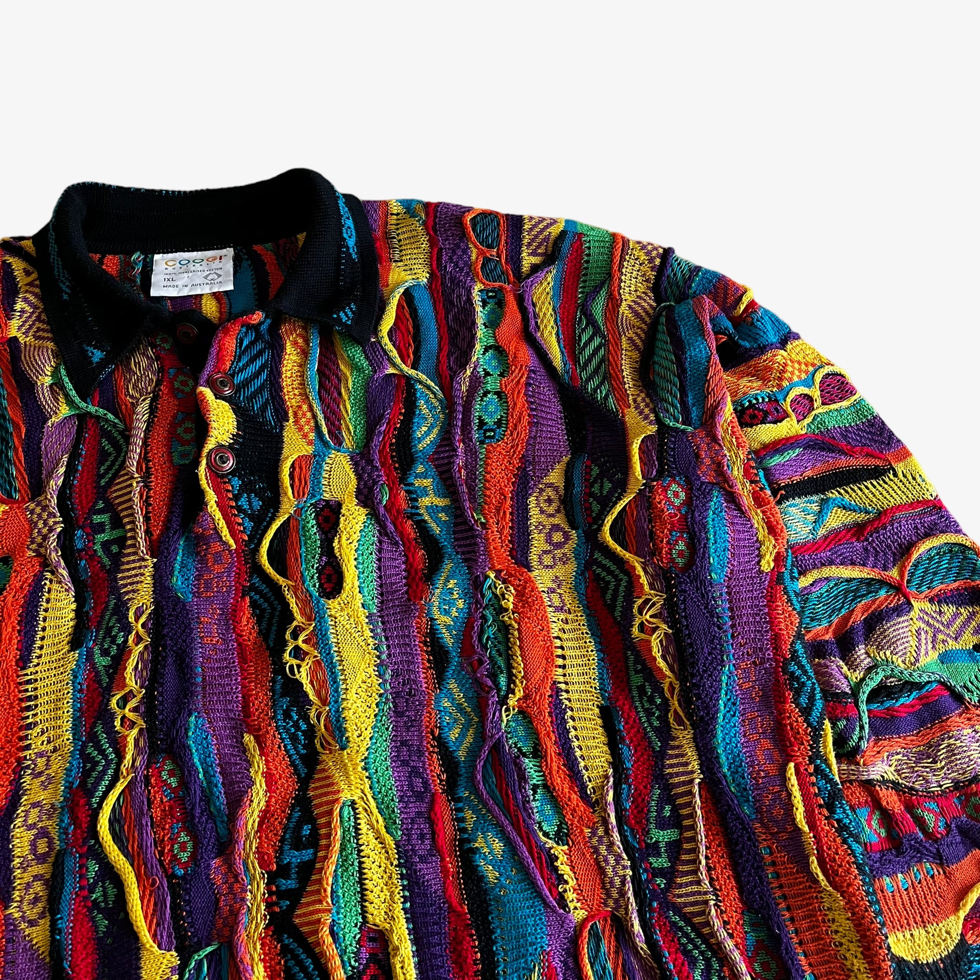 Vintage 90s Coogi Australia 3D Textured Colourful Knitted Collared Jumper Side - Casspios Dream