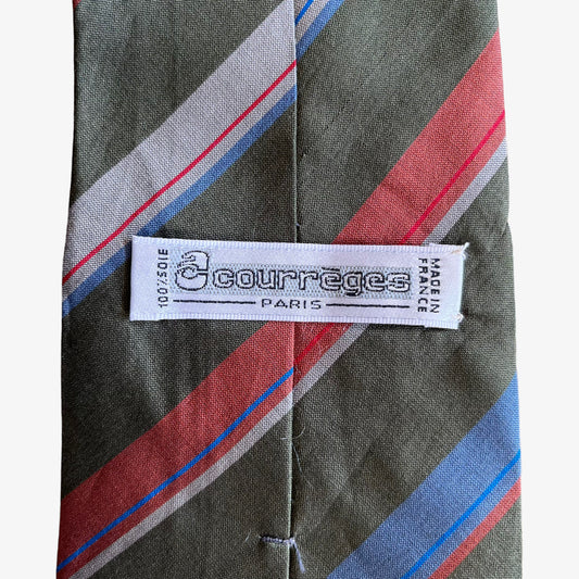 Label of vintage 90s Courreges green, blue and red striped silk tie.