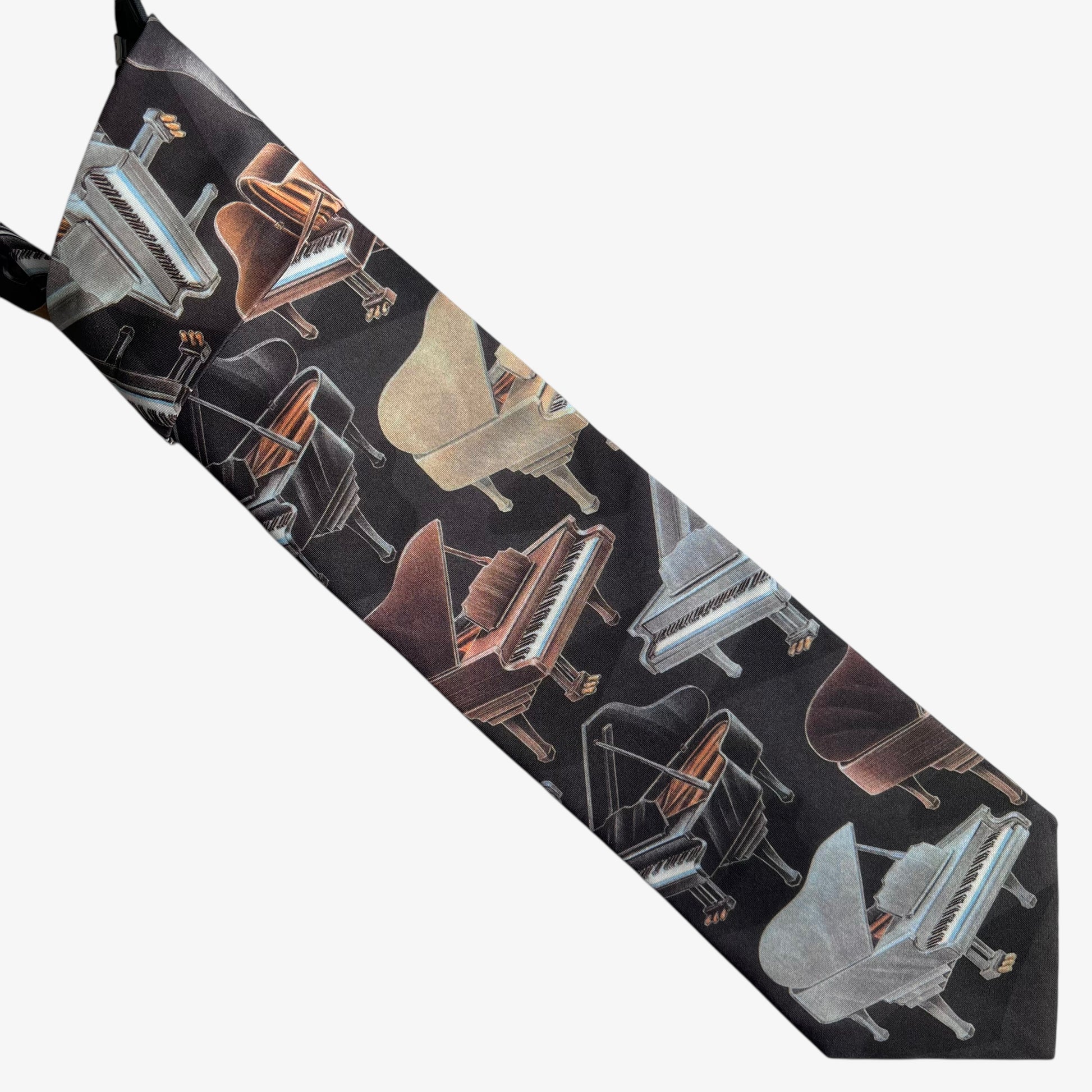 Vintage 90s DC Enterprises Geometric Grand Piano Print Black Polyester Tie - Casspios Dream