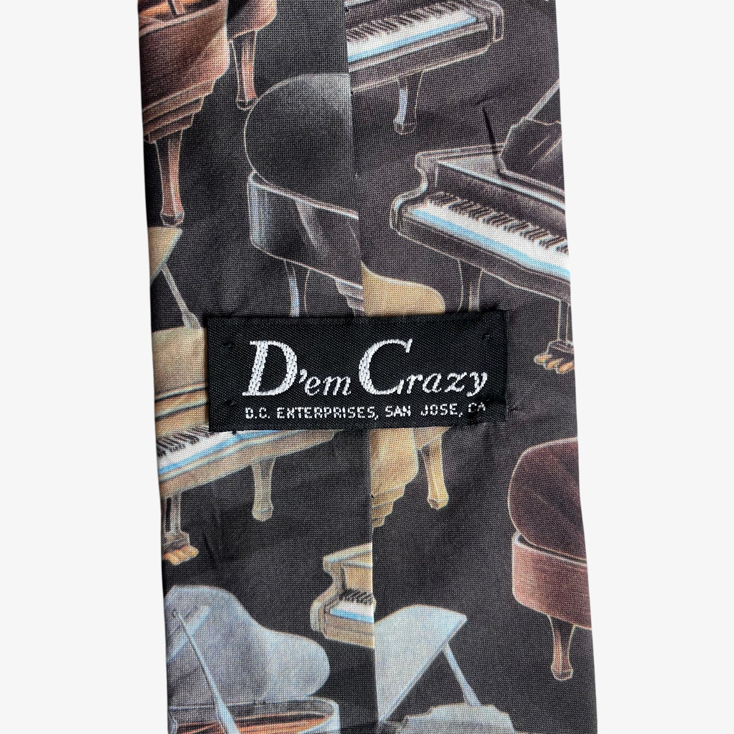 Vintage 90s DC Enterprises Geometric Grand Piano Print Black Polyester Tie Label - Casspios Dream