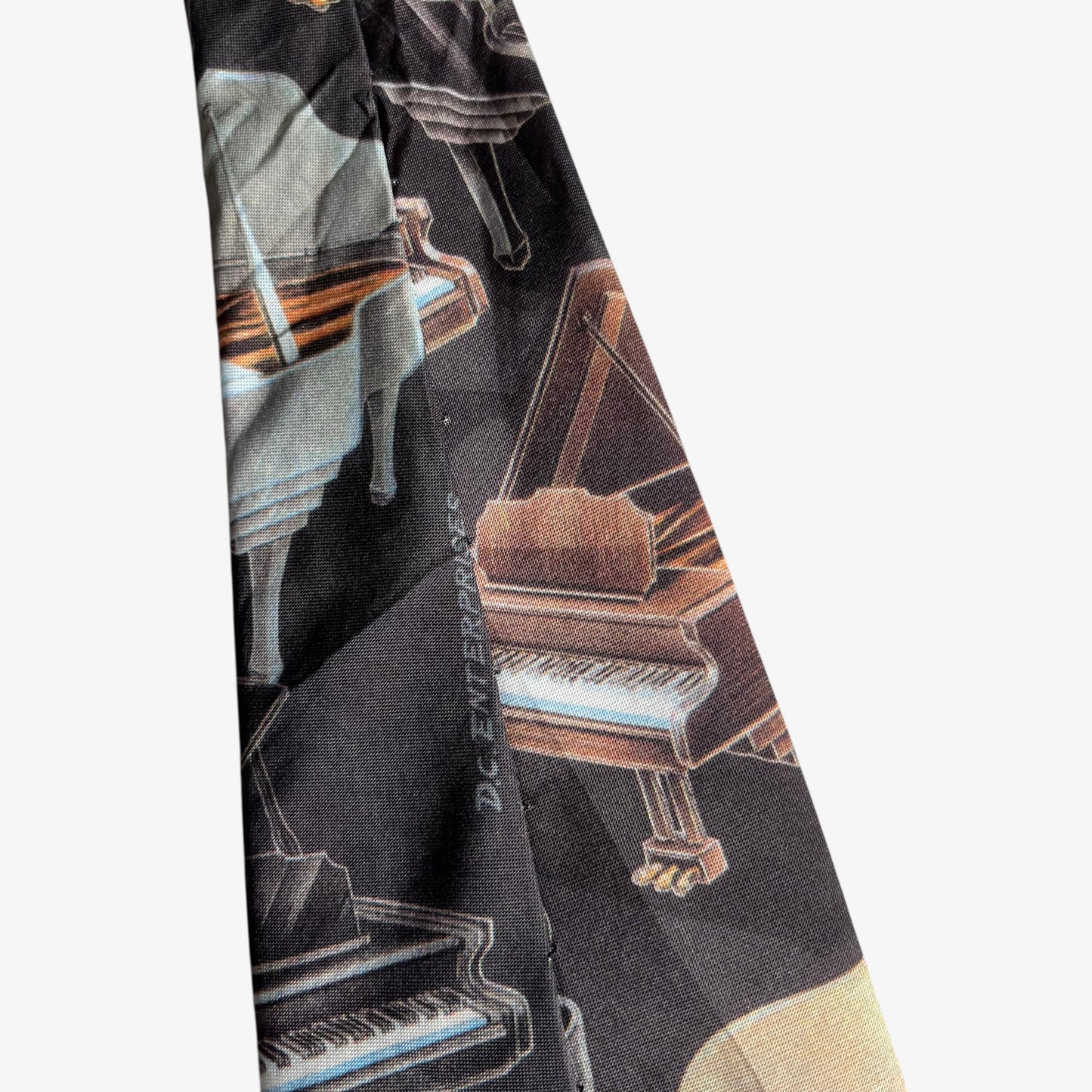 Vintage 90s DC Enterprises Geometric Grand Piano Print Black Polyester Tie Tag - Casspios Dream