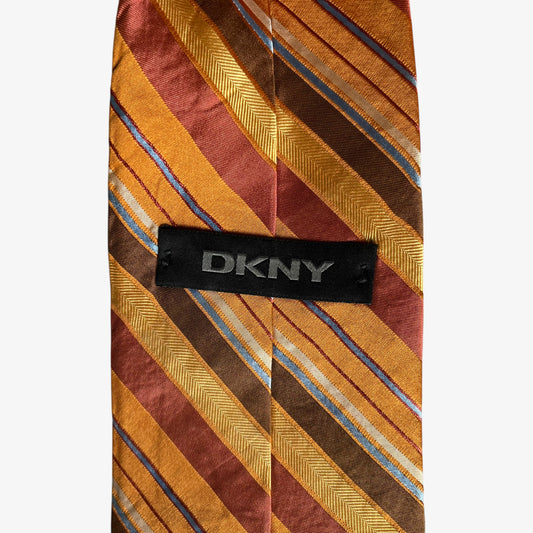 Vintage 90s DKNY Orange Brown And Blue Striped Silk Tie Label - Casspios Dream