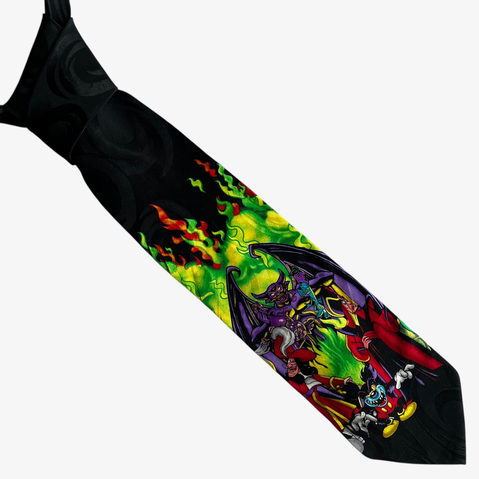 Vintage 90s Disney Villain Print Black Silk Tie - Casspios Dream