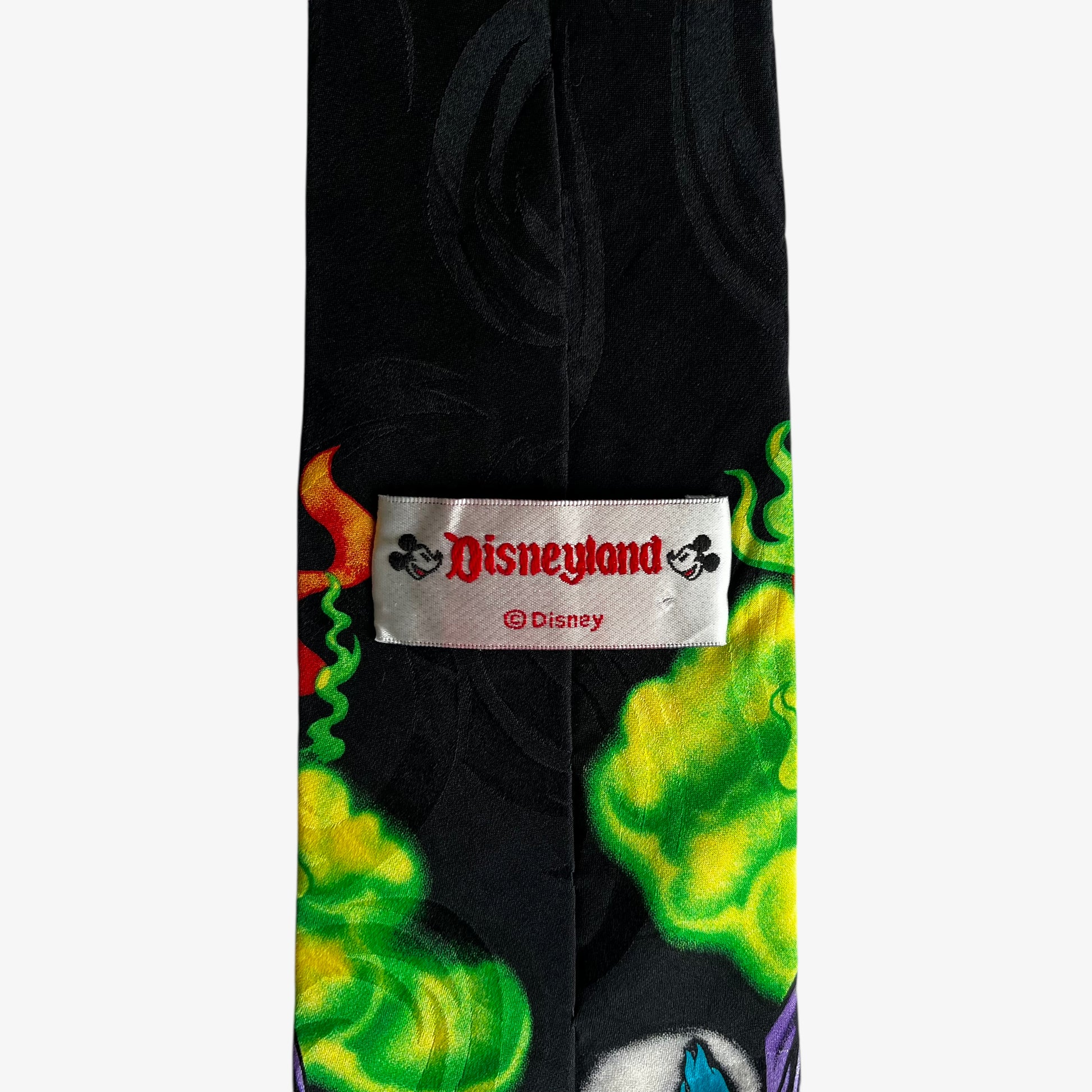 Vintage 90s Disney Villain Print Black Silk Tie Label - Casspios Dream
