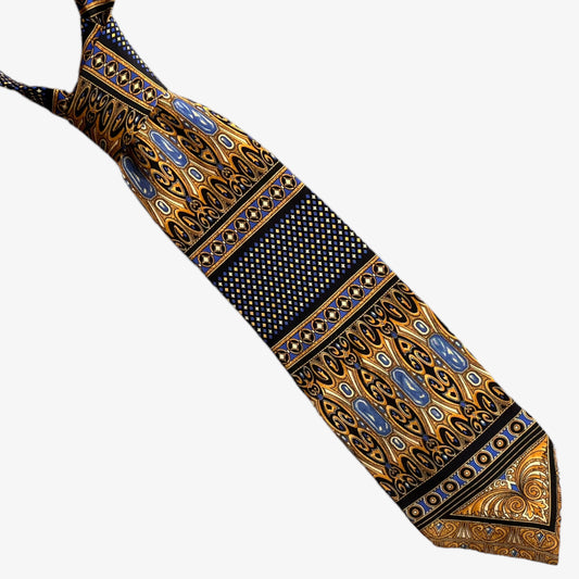 Vintage 90s Dunhill Paris silk tie with a gold baroque pattern.