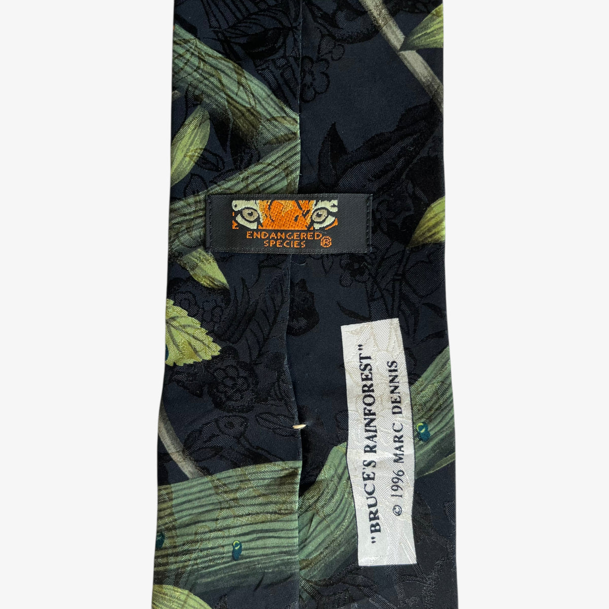 Vintage 90s Endangered Species 1996 Marc Dennis Frog Rainforest Print Silk Tie Label - Casspios Dream