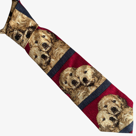 Vintage 90s Endangered Species 1998 Dogs Hugging Print Red Silk Tie - Casspios Dream