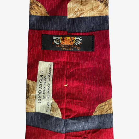 Vintage 90s Endangered Species 1998 Dogs Hugging Print Red Silk Tie Label - Casspios Dream