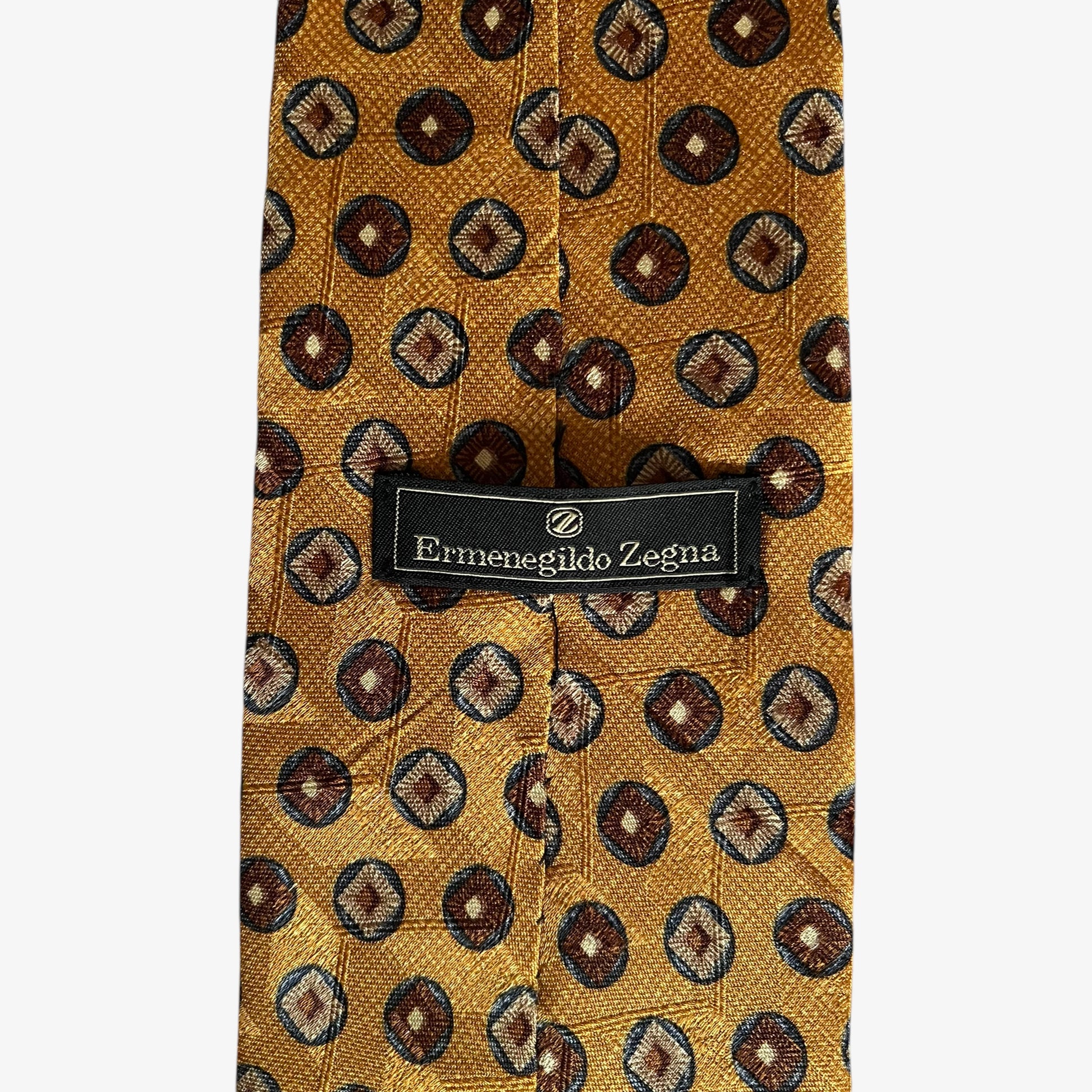 Vintage 90s Ermenegildo Zegna Geometric Print Yellow Silk Tie Label - Casspios Dream