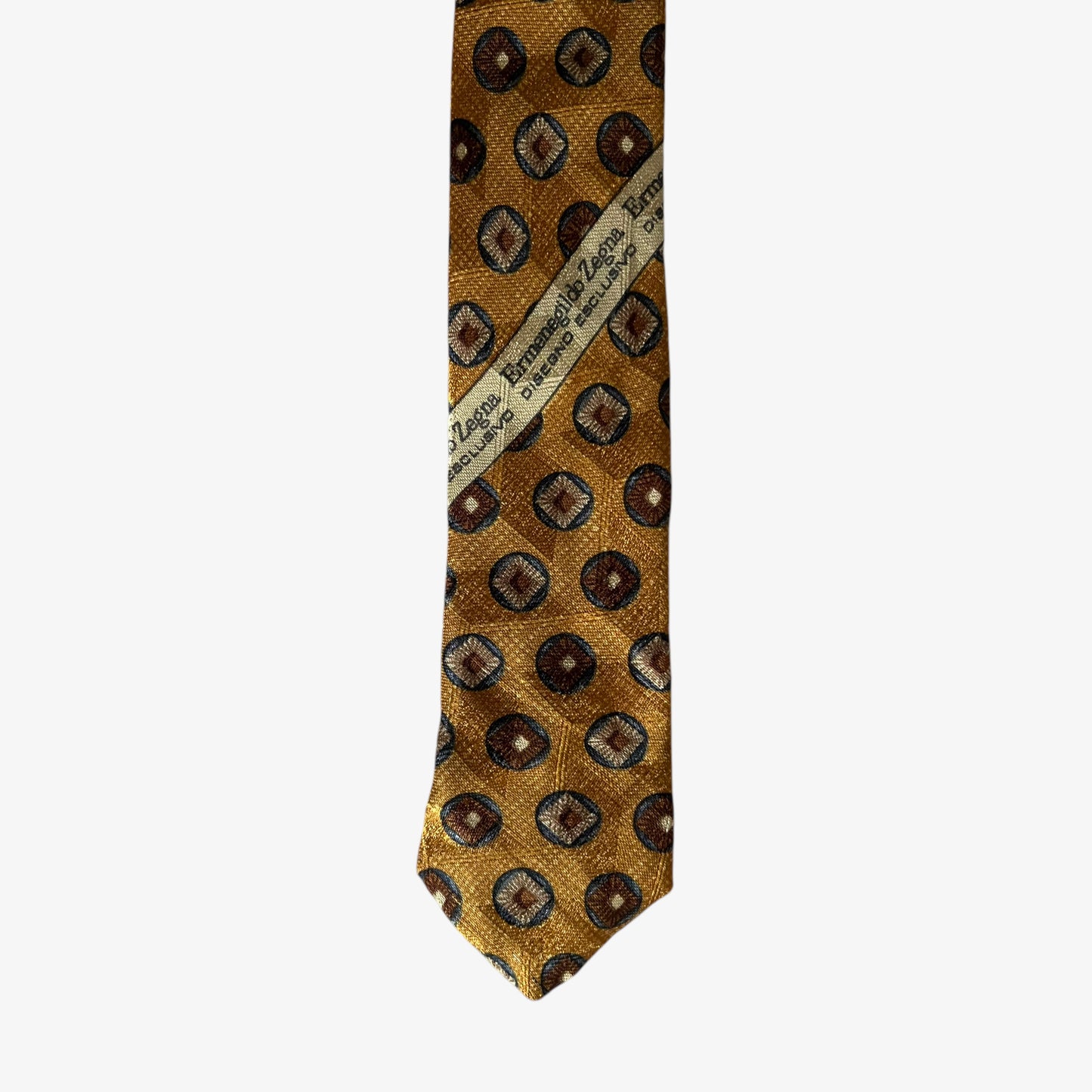 Vintage 90s Ermenegildo Zegna Geometric Print Yellow Silk Tie Logo - Casspios Dream