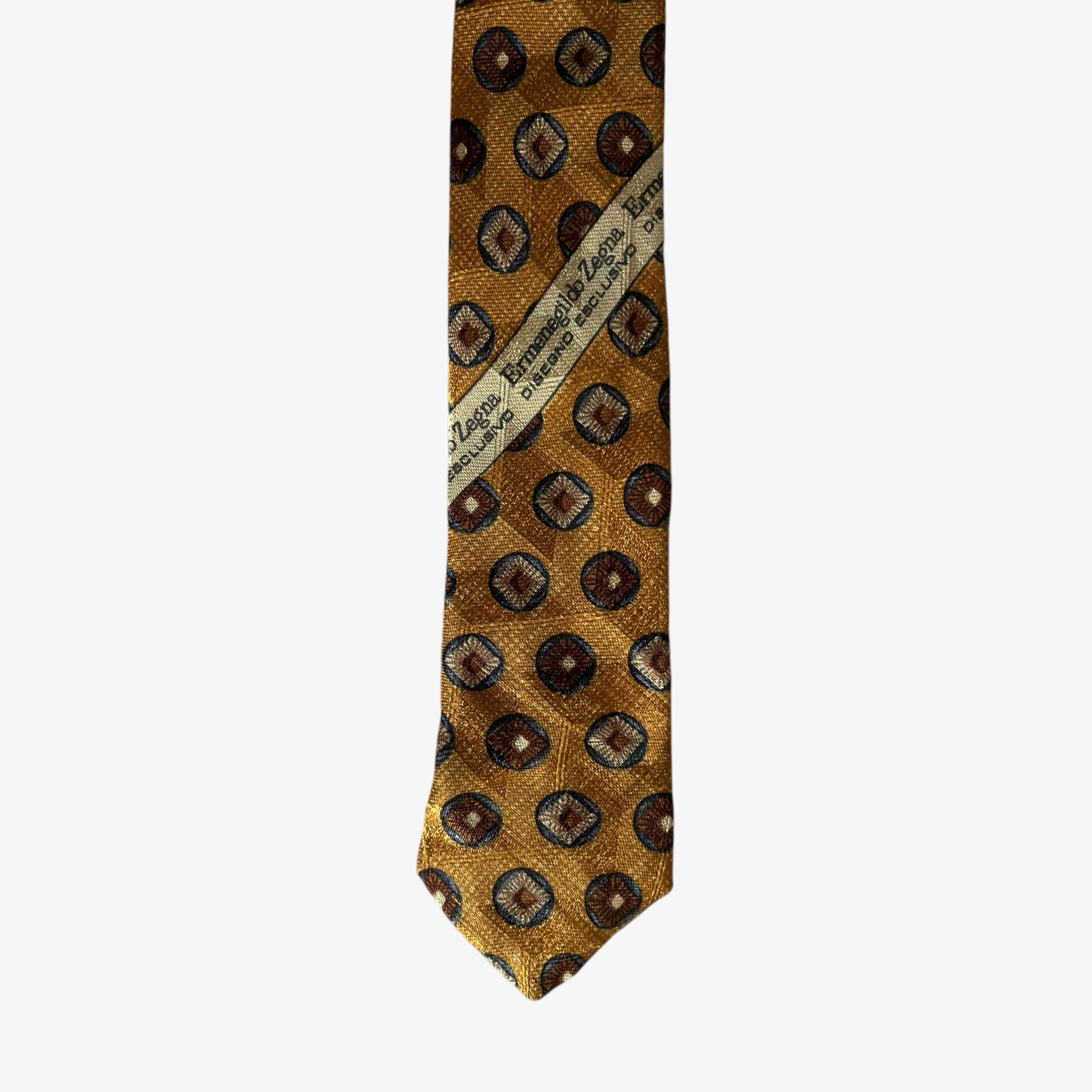 Vintage 90s Ermenegildo Zegna Geometric Print Yellow Silk Tie Logo - Casspios Dream