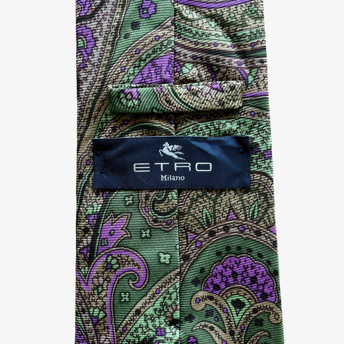 Vintage 90s Etro Paisley Funky Print Green Silk Tie Label - Casspios Dream