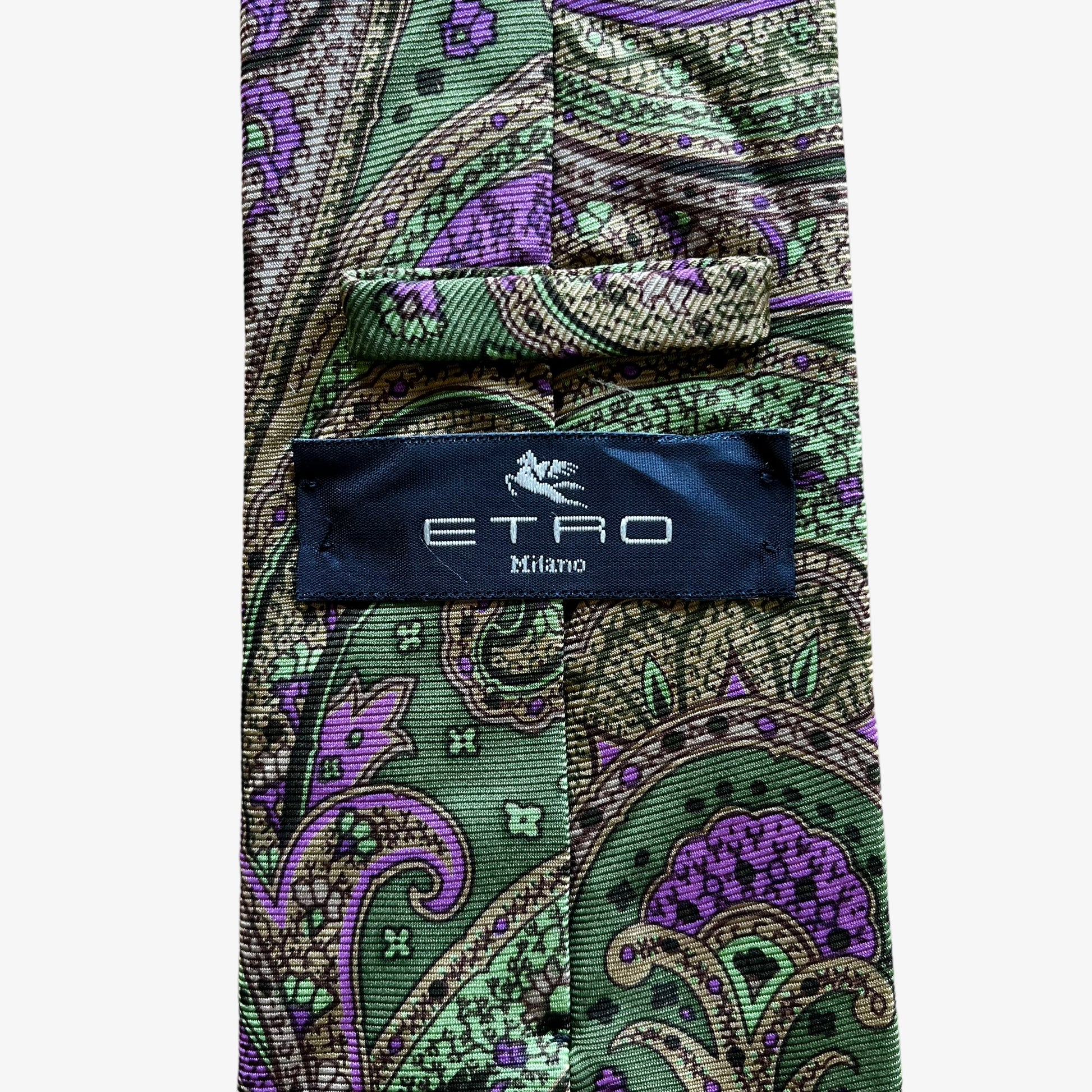 Vintage 90s Etro Paisley Funky Print Green Silk Tie Label - Casspios Dream