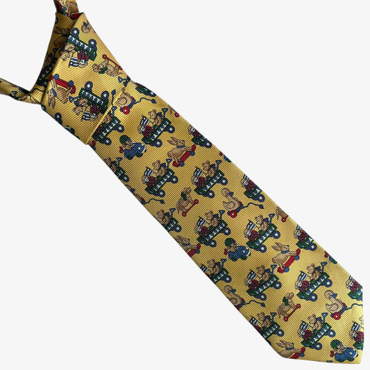 Vintage 90s Faconnable Teddy Bear Toy Print Yellow Silk Tie - Casspios Dream