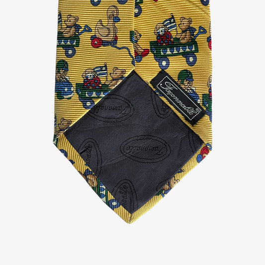Vintage 90s Faconnable Teddy Bear Toy Print Yellow Silk Tie Label - Casspios Dream