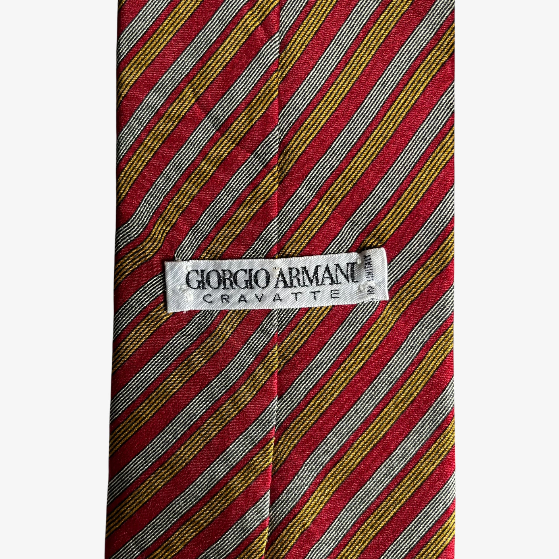 Vintage 90s Giorgio Armani Cravatte Yellow And White Striped Red Silk Tie Label - Casspios Dream