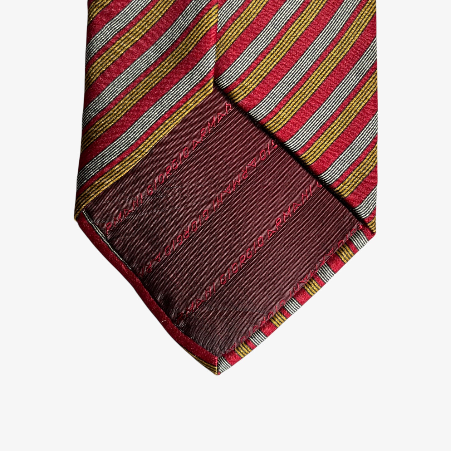 Vintage 90s Giorgio Armani Cravatte Yellow And White Striped Red Silk Tie Logo - Casspios Dream