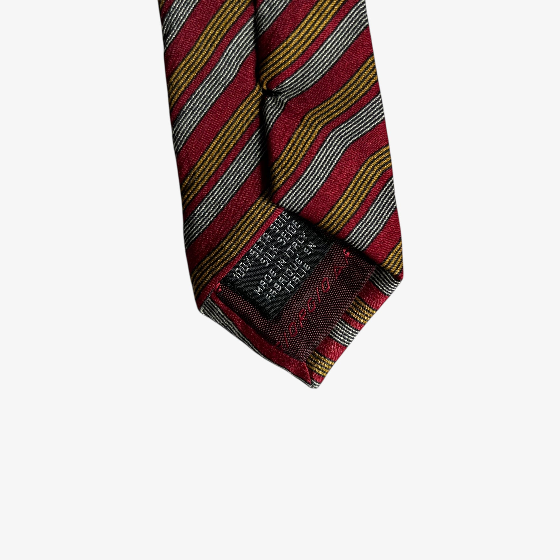 Vintage 90s Giorgio Armani Cravatte Yellow And White Striped Red Silk Tie Made In Italy - Casspios Dream