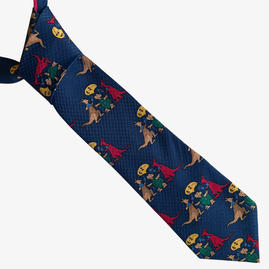 Vintage 90s Giorgio Armani Kangaroo And Turtle Boxing Print Navy Silk Tie - Casspios Dream