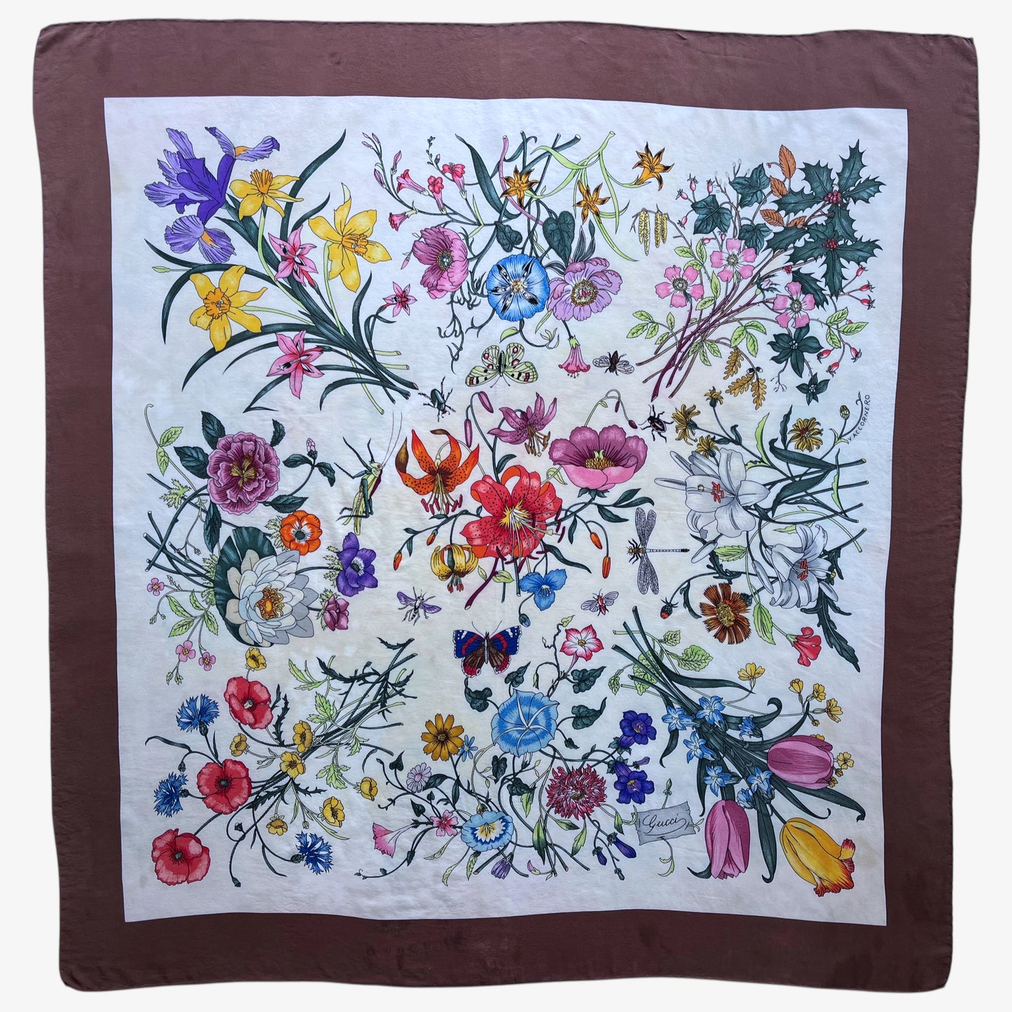 Women's 90s vintage Gucci colourful floral and insect print brown silk scarf designed by Vittorio Accornero.