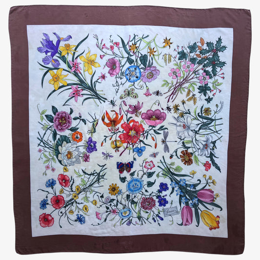 Women's 90s vintage Gucci colourful floral and insect print brown silk scarf designed by Vittorio Accornero.