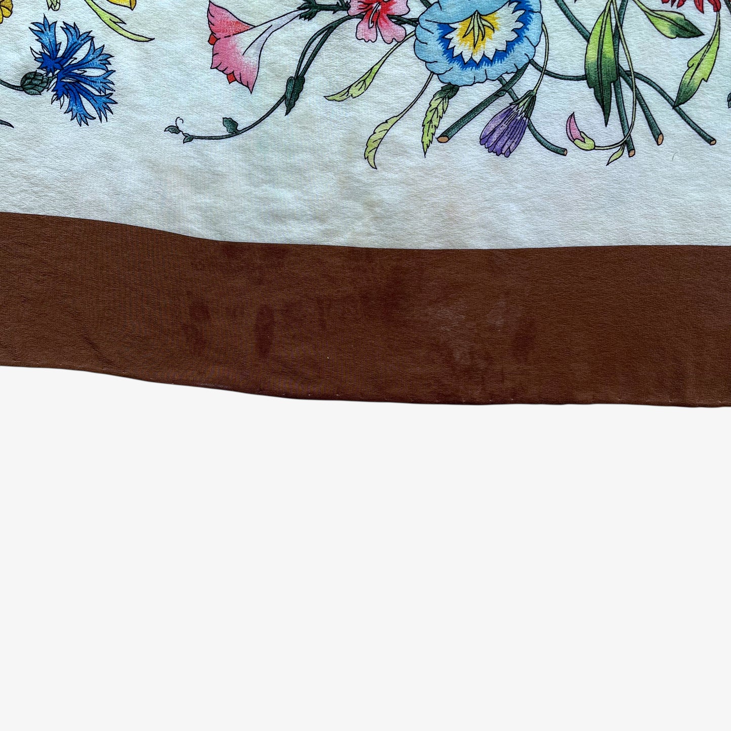 Marks on women's 90s vintage Gucci colourful floral and insect print brown silk scarf designed by Vittorio Accornero.