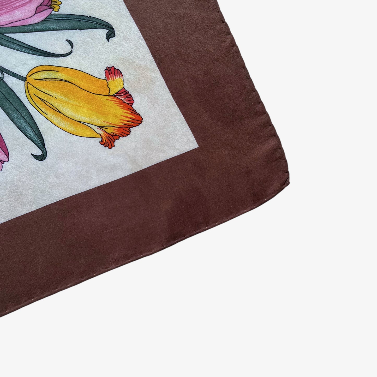 Patina on women's 90s vintage Gucci colourful floral and insect print brown silk scarf designed by Vittorio Accornero.