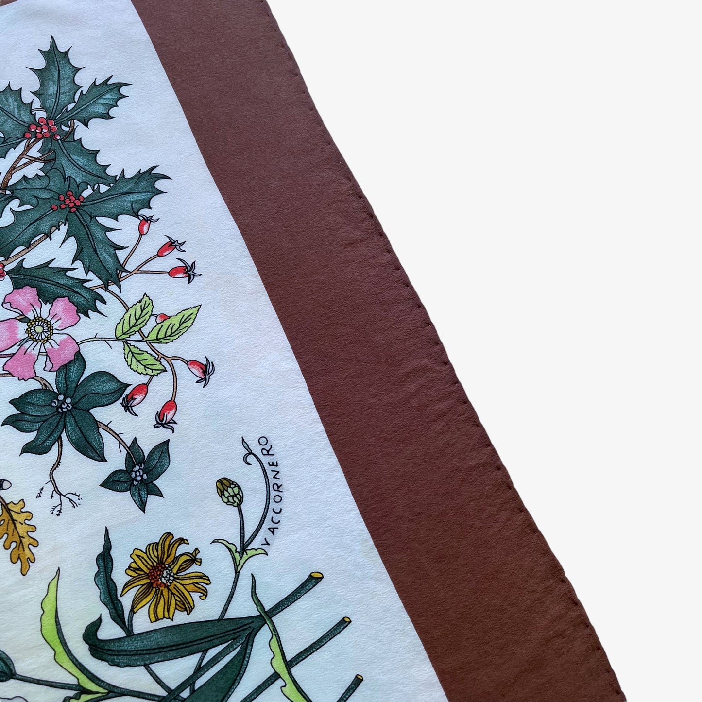 Vittorio Accornero's signature on women's 90s vintage Gucci colourful floral and insect print brown silk scarf.