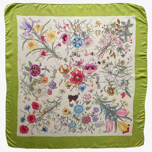 Vintage 90s women's Gucci colourful floral and insect print green silk scarf designed by Vittorio Accornero.
