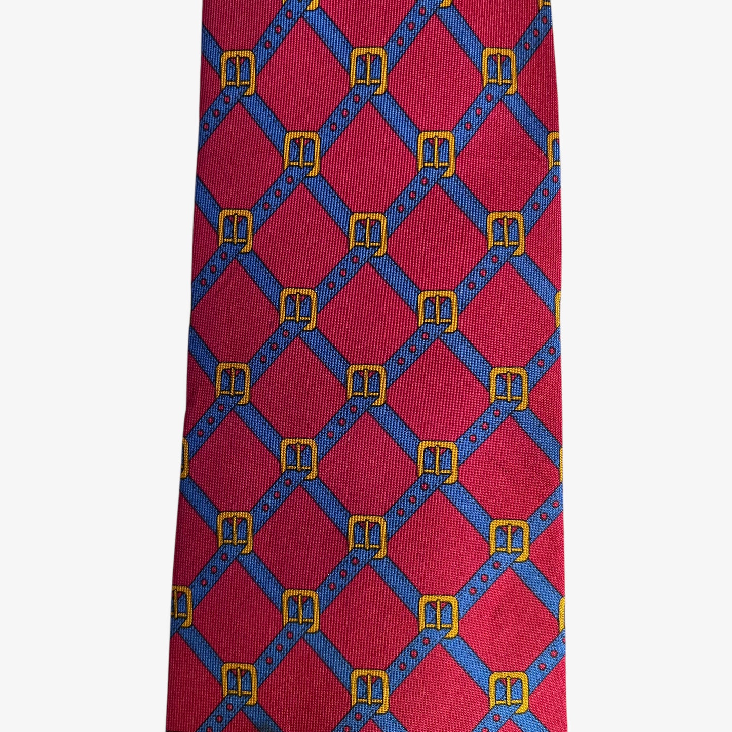 Vintage 90s Gucci Buckle Striped Print Red Silk Tie Equestrian - Casspios Dream