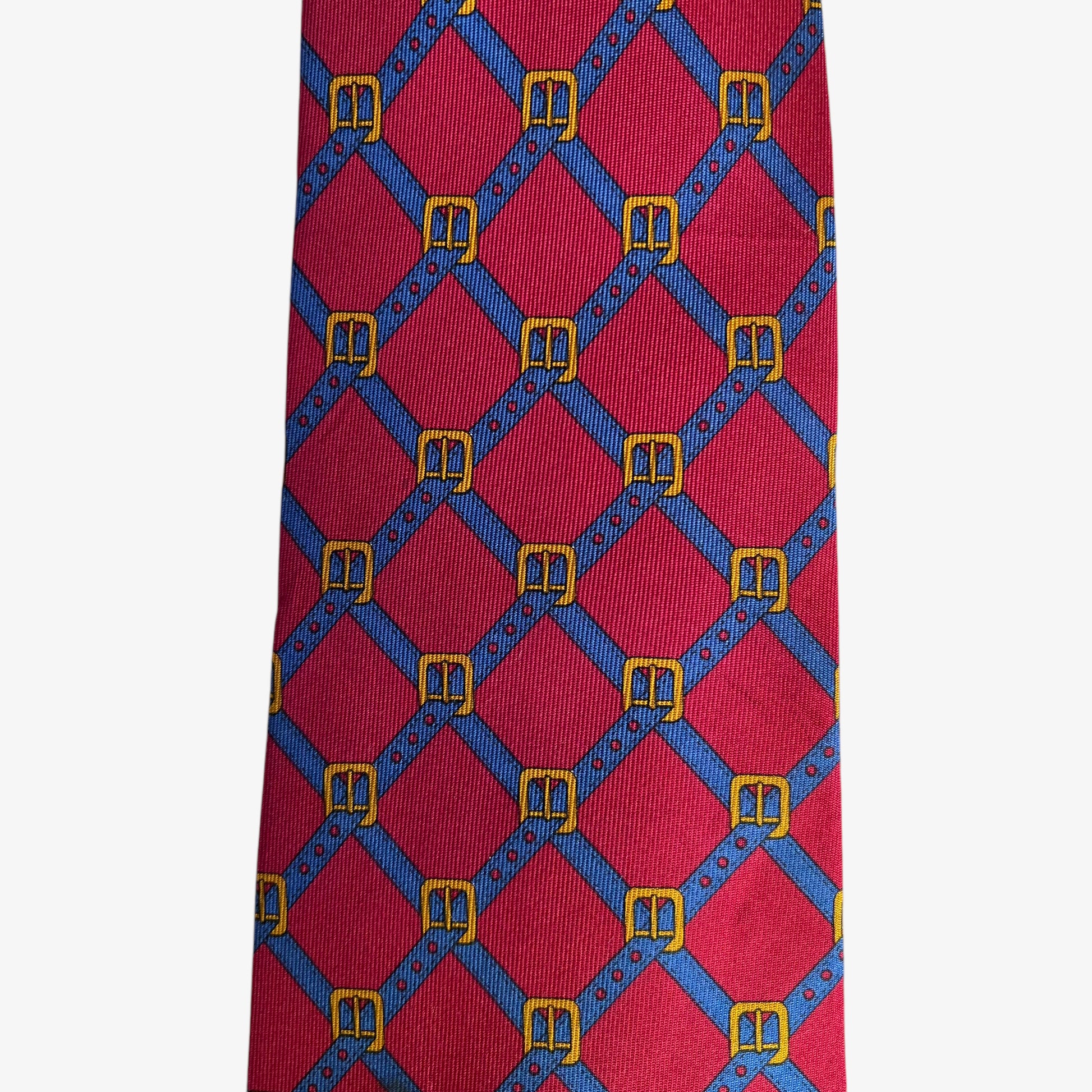 Vintage 90s Gucci Buckle Striped Print Red Silk Tie Equestrian - Casspios Dream