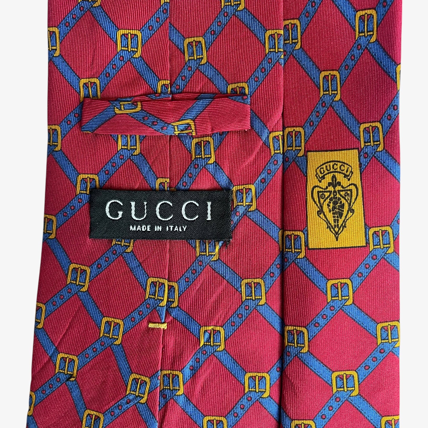 Vintage 90s Gucci Buckle Striped Print Red Silk Tie Label - Casspios Dream