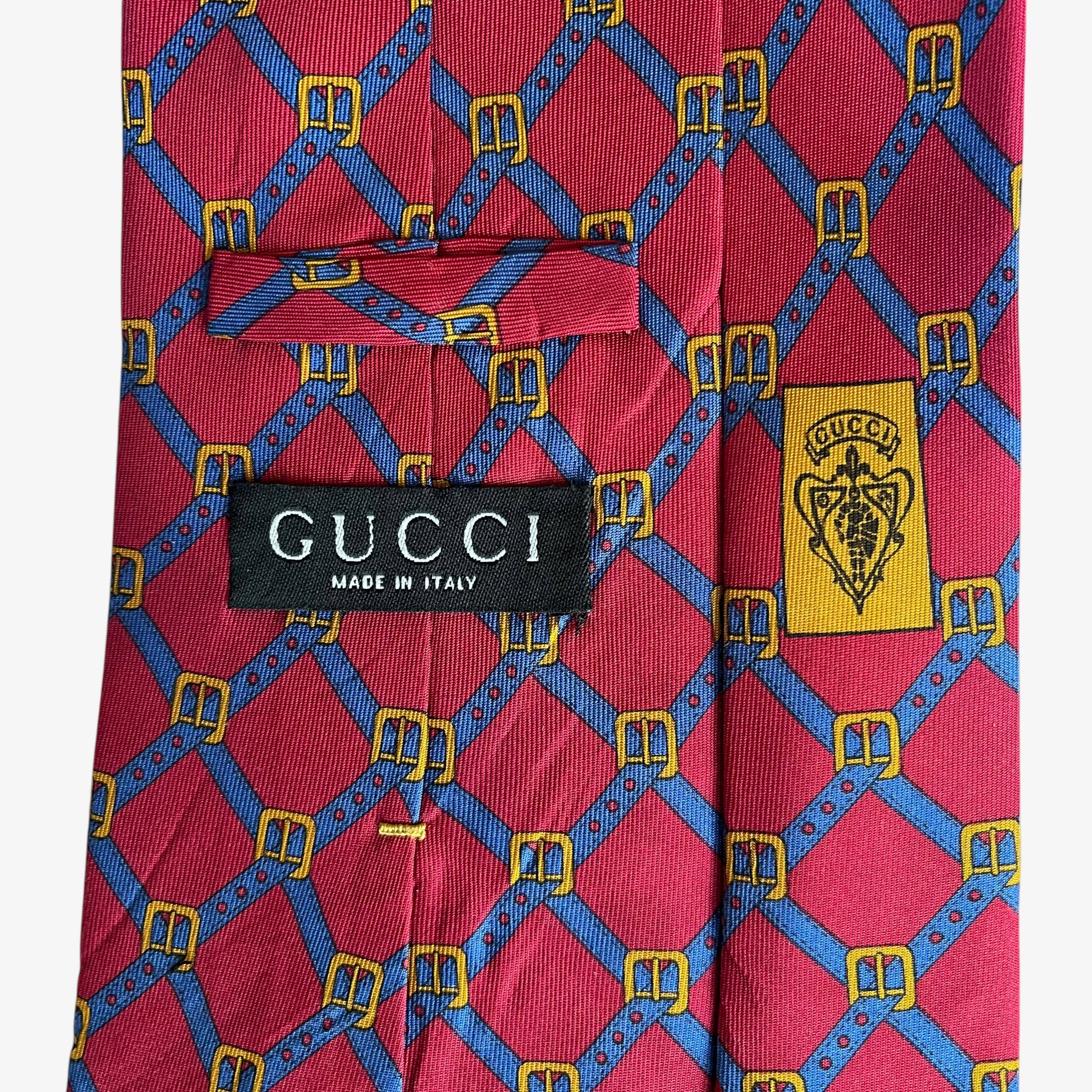 Vintage 90s Gucci Buckle Striped Print Red Silk Tie Label - Casspios Dream