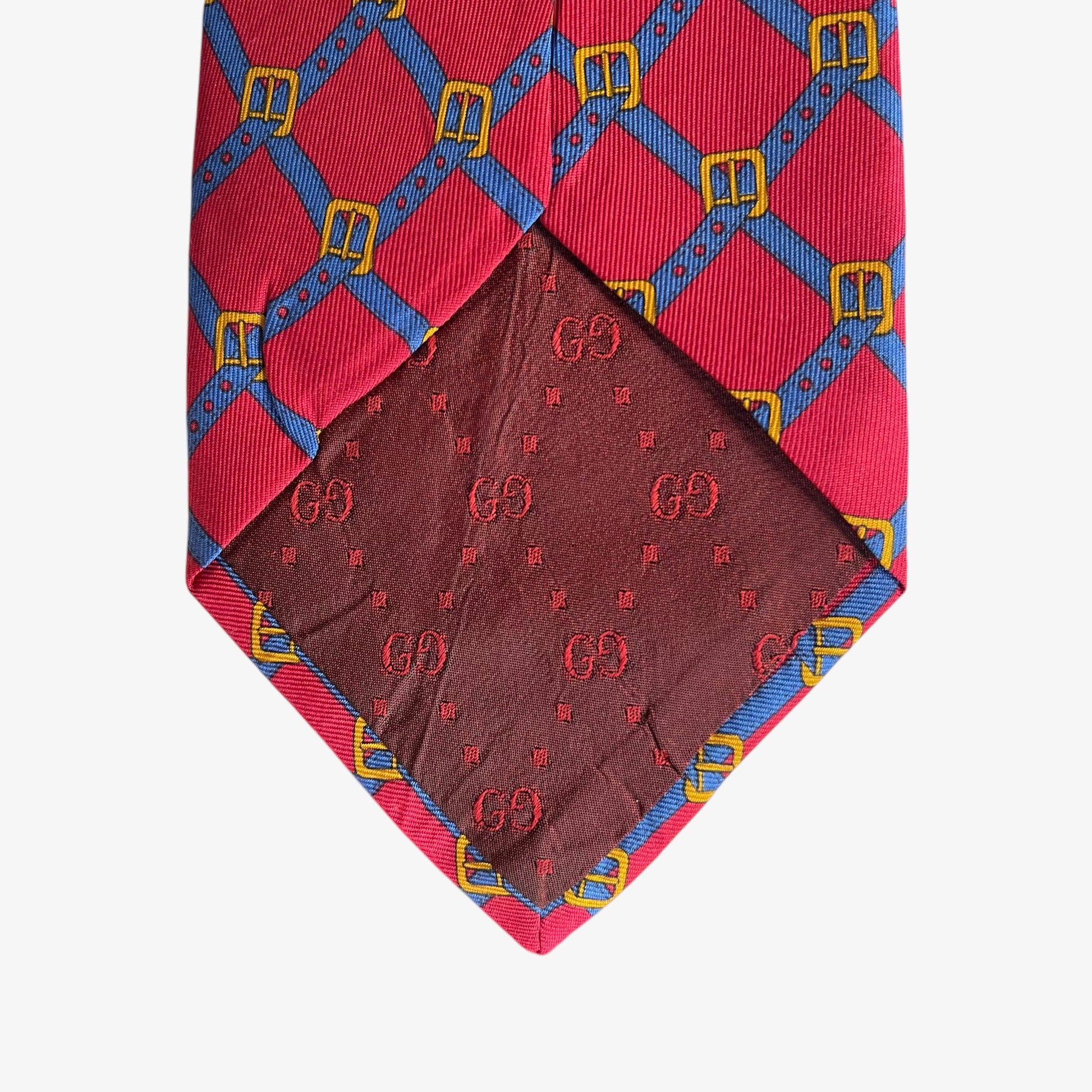 Vintage 90s Gucci Buckle Striped Print Red Silk Tie Logo - Casspios Dream