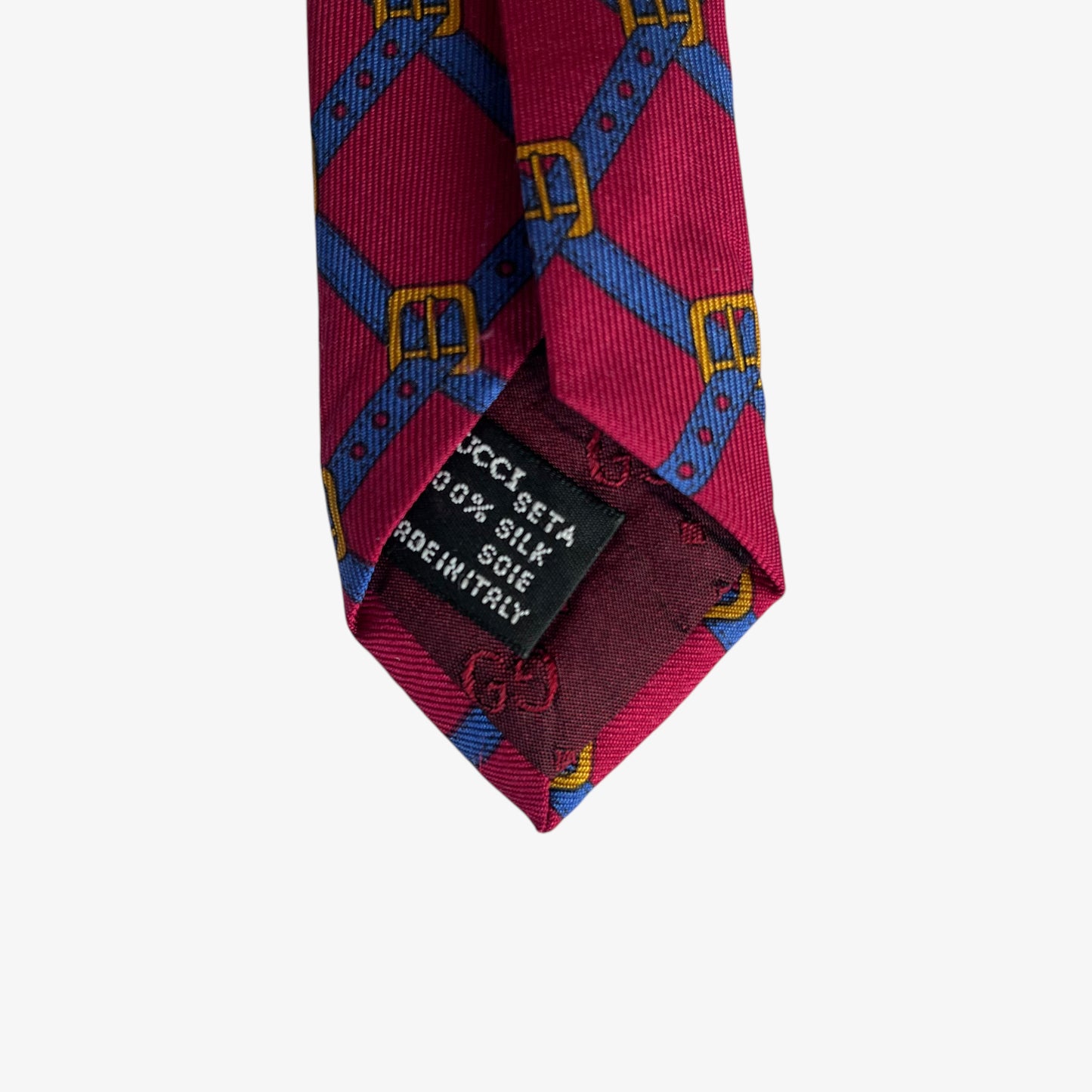 Vintage 90s Gucci Buckle Striped Print Red Silk Tie Made In Italy - Casspios Dream
