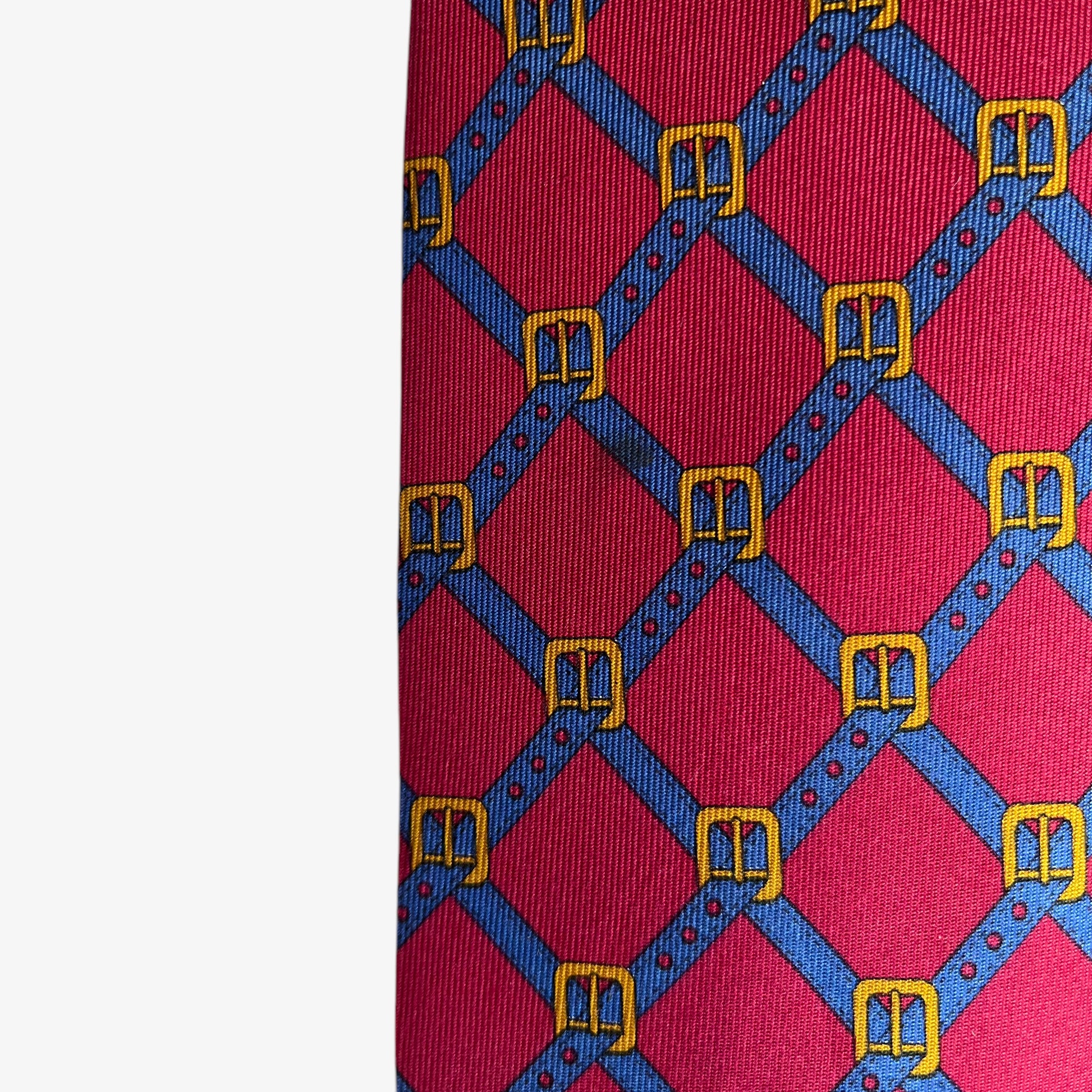 Vintage 90s Gucci Buckle Striped Print Red Silk Tie Wear - Casspios Dream