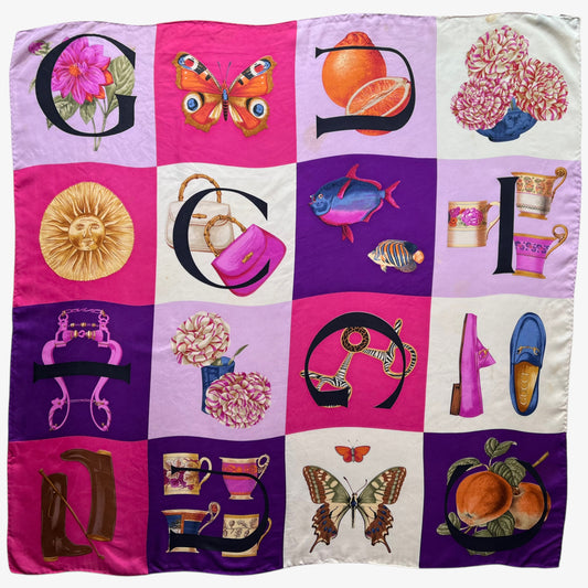 Women's vintage 90s Gucci geometric patchwork checkered spell out print pink silk scarf.