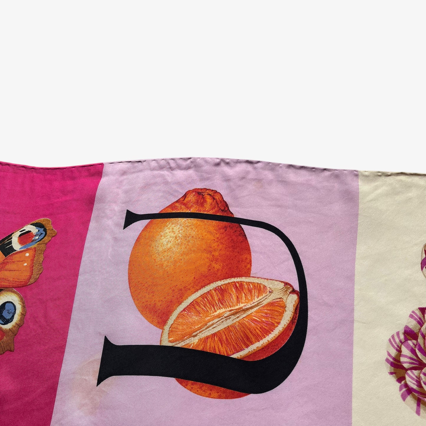 Colourful pattern of women's vintage 90s Gucci geometric patchwork checkered spell out print pink silk scarf.