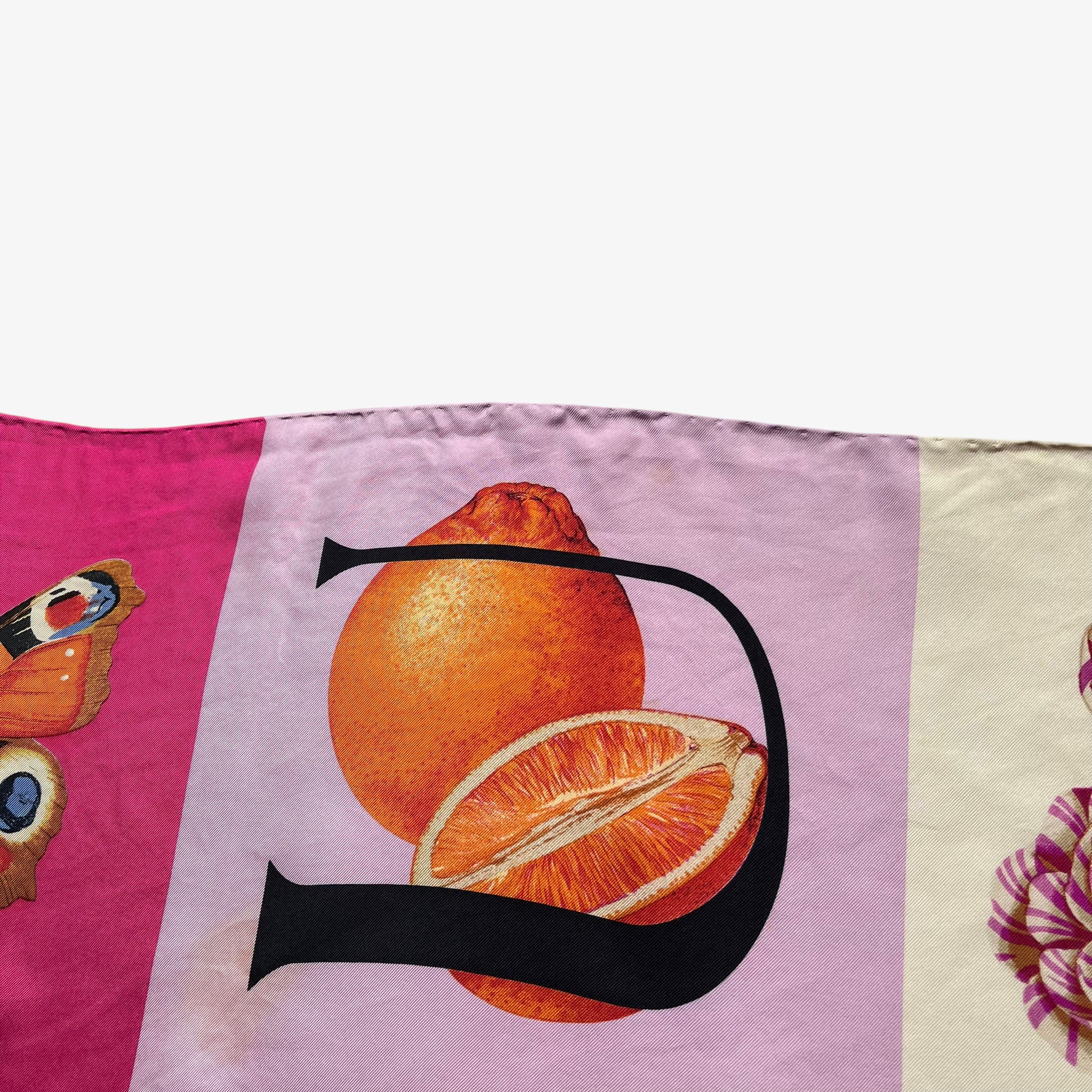 Colourful pattern of women's vintage 90s Gucci geometric patchwork checkered spell out print pink silk scarf.