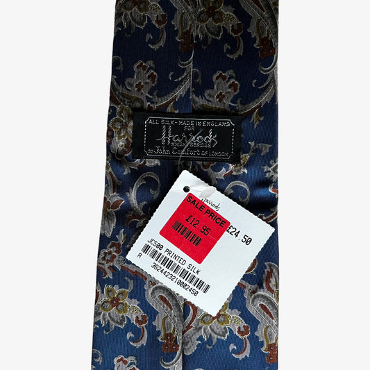 Label of vintage 90s Harrods floral print navy silk tie.
