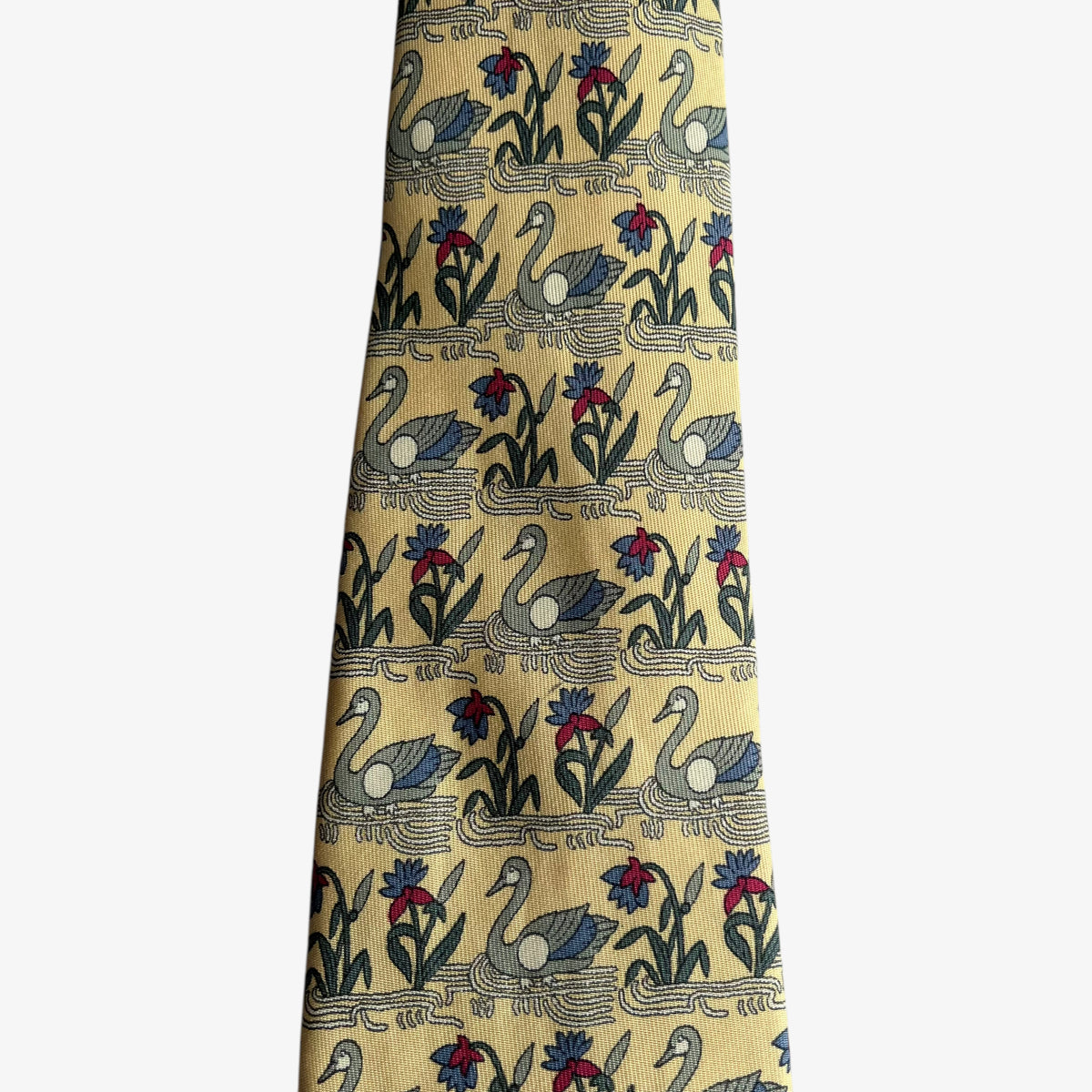 Vintage 90s Hermes 7285 MA Geometric Swan Print Yellow Silk Tie Bird - Casspios Dream