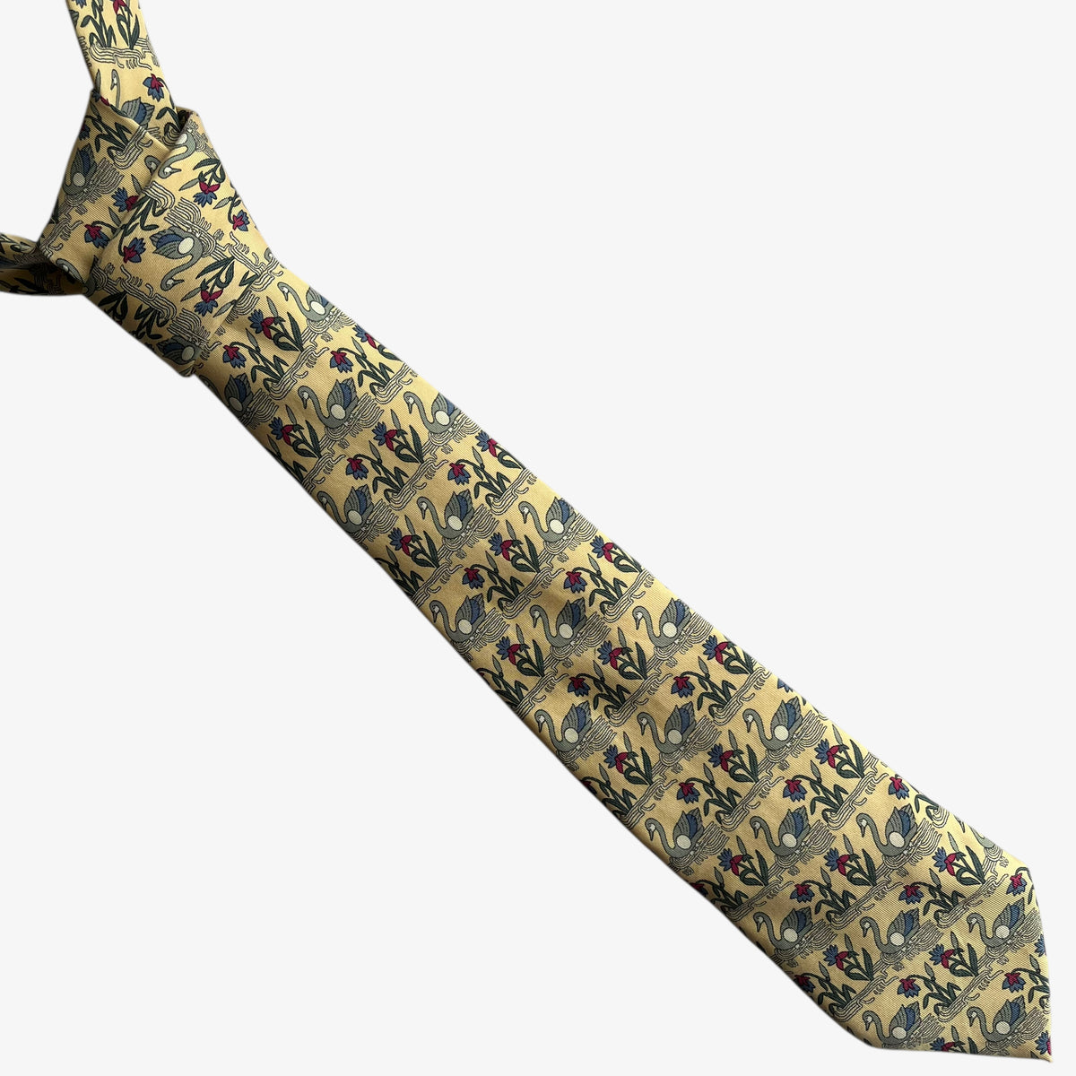 Vintage 90s Hermes 7285 MA Geometric Swan Print Yellow Silk Tie - Casspios Dream