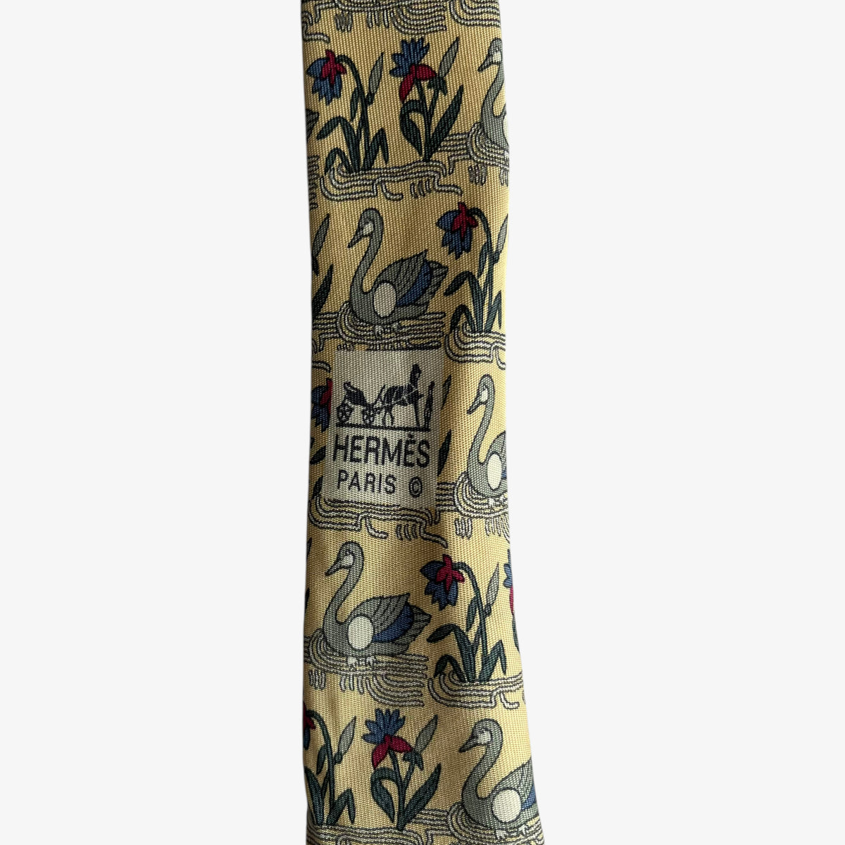 Vintage 90s Hermes 7285 MA Geometric Swan Print Yellow Silk Tie Paris - Casspios Dream