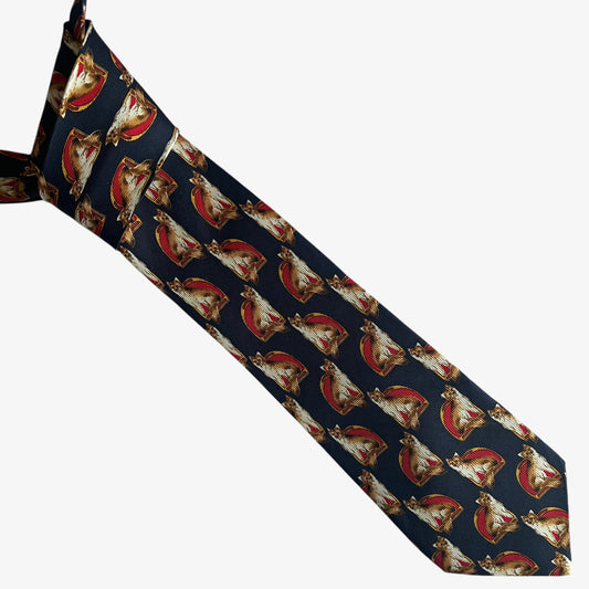 Vintage 90s Horse Country Geometric Fox Print Navy Silk Tie - Casspios Dream
